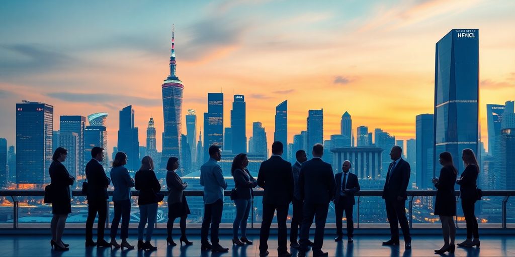 Diverse group discussing cryptocurrency investments in a modern city.