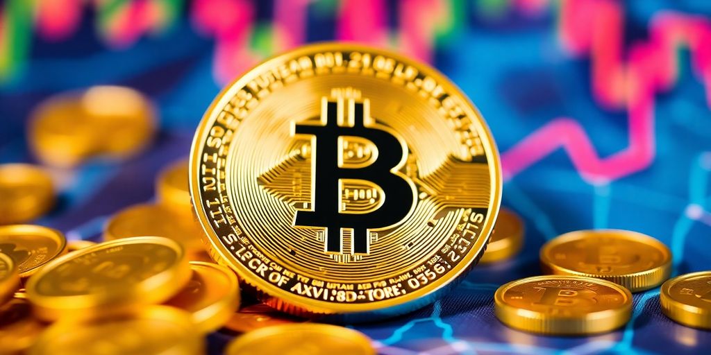 Close-up of digital currency with golden coins in view.