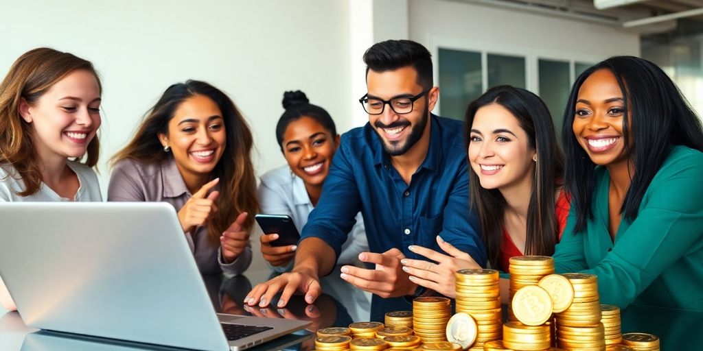 Diverse people trading cryptocurrency in a modern workspace.