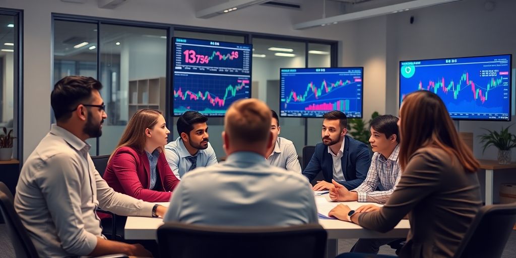 Professionals discussing cryptocurrency regulations in a modern office.