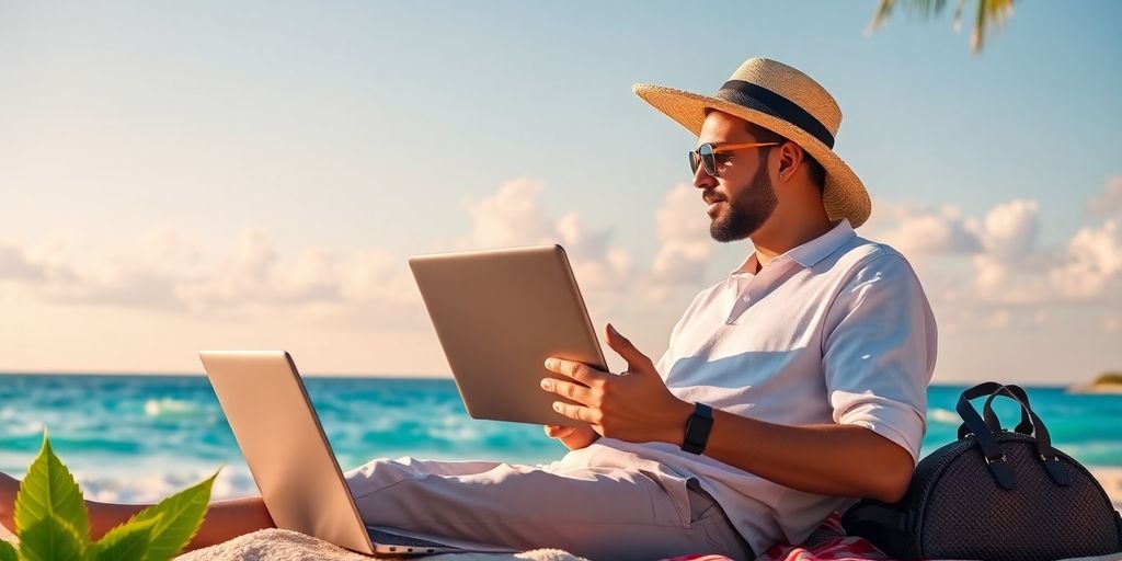 Person on beach with laptop, enjoying crypto passive income.