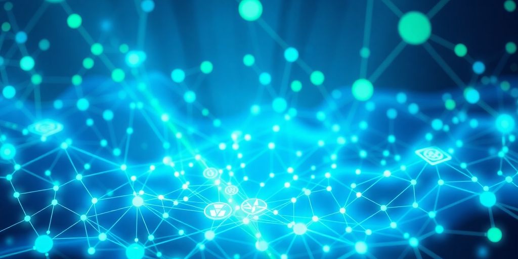 Digital landscape depicting cryptocurrency and blockchain technology.