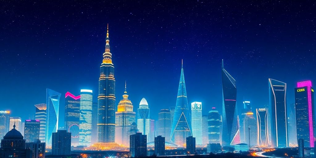Futuristic city skyline at night with glowing lights.