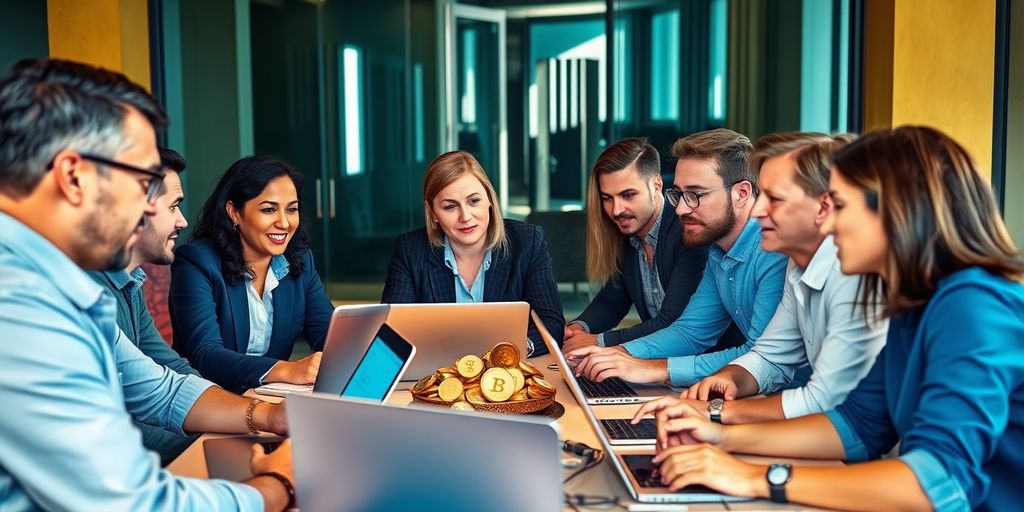Group of investors discussing cryptocurrency in a modern setting.