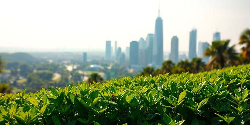 Futuristic city skyline with greenery in the foreground.